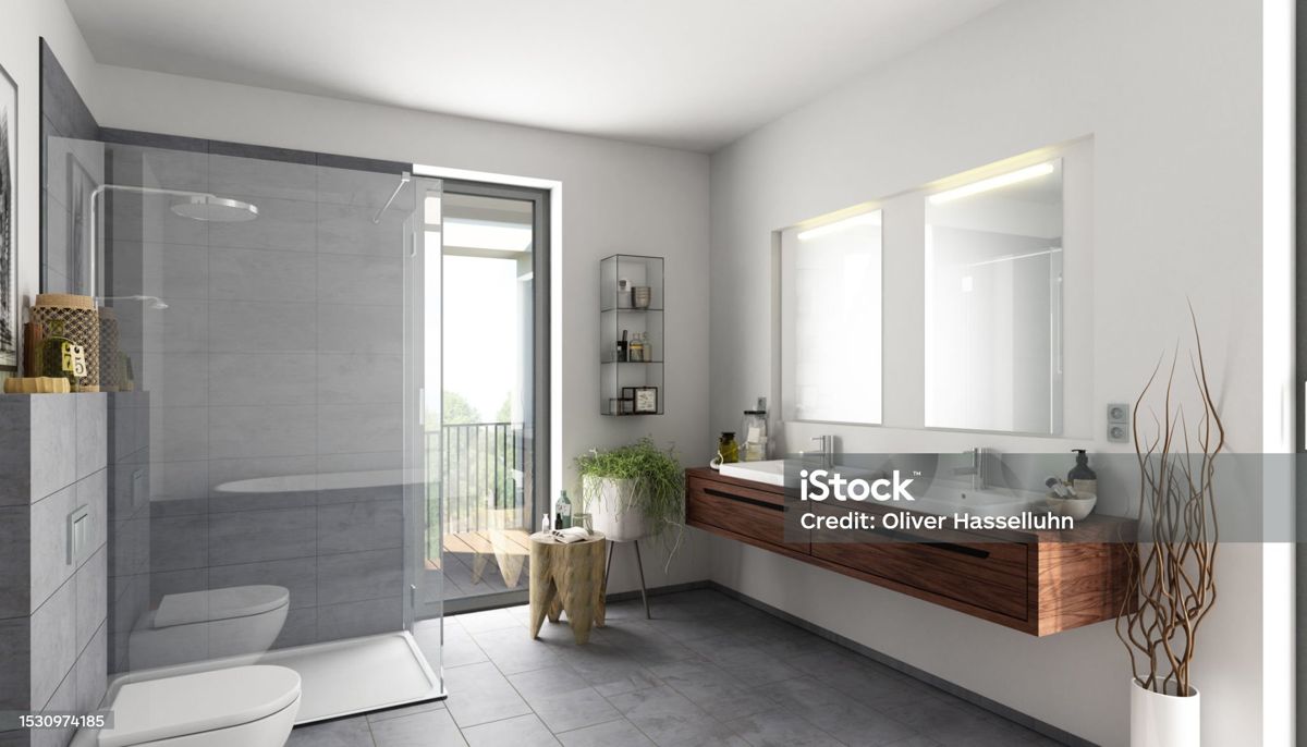 Modernes Bad mit bodengleicher Dusche und Holzwaschtisch